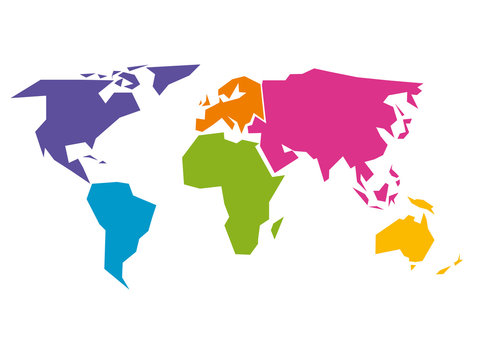 Simplified world map divided to six continents - South America, North America, Africa, Europe, Asia and Australia - in different colors. Simple flat vector illustration.