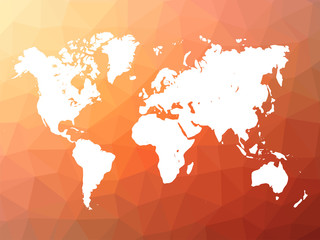 Map of World on low poly background. World map on backdrop made of triangles. White vector illustration on orange-red polygonal shape background.