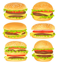 Set of big hamburgers on white background