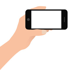 Hand holding smart phone on white background