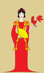 East woman with a red rooster