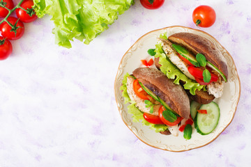 Two delicious and healthy sandwich hot dog with chicken and vegetables. Top view