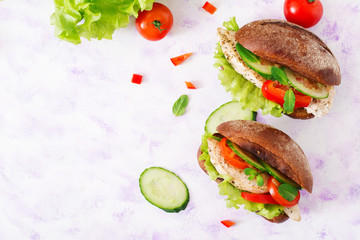 Two delicious and healthy sandwich hot dog with chicken and vegetables. Top view