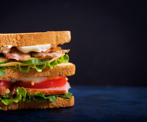 Big Club sandwich with ham, bacon, tomato, cucumber, cheese, eggs and herbs on dark background