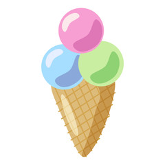 Ice cream in a waffle cone. The frozen dessert of three balls cones. Children's stylized illustration of sweets.