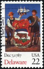 stamp printed in USA, dedicated to the 200th anniversary the ratification of the Constitution, Delaware