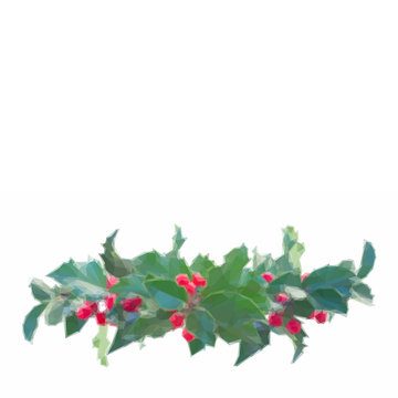 Low poly illustration Holly branch with green leaves and red berries border on white background