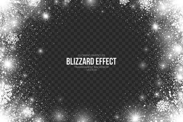 Snow Blizzard Effect on Transparent Background Vector Illustration. Abstract bright white shimmer glowing scatter falling round particles, lights and snowflakes