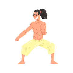 Fototapeta na wymiar Muscly Shirtless Karate Professional Fighter In Starting Stance Cool Cartoon Character
