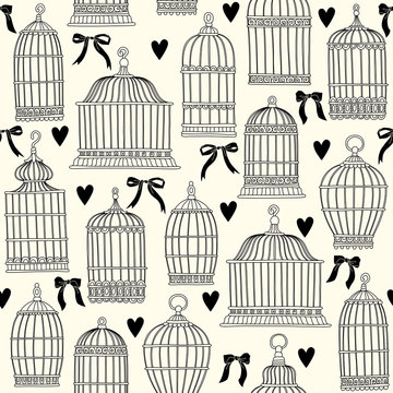 Seamless pattern with birdcages. Freehand drawing. Black and white