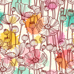 Seamless pattern with poppies. Freehand drawing