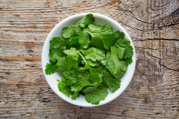 Bowl of coriander leaves on wooden table, from above