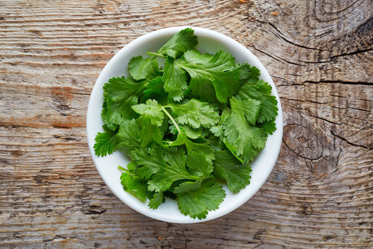 Bowl Of Coriander Leaves On Wooden Table, From Above