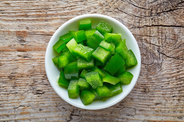 Bowl of chopped bell pepper, from above