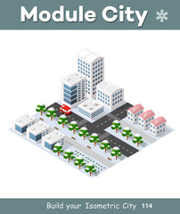 Isometric set 3D city three-dimensional winter town quarter. Skyscrapers, apartment, office, houses and streets with urban traffic movement of the car with trees and nature
