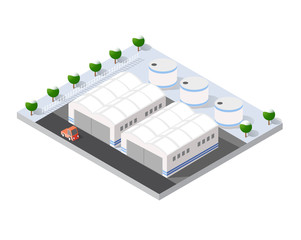 Isometric 3D airstrip of the city international airport terminal and the plane transportation and airplane runway, aircraft jet. Urban transport and building construction. Roads, trees and paths.