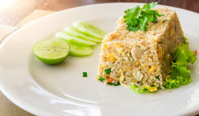 Fried rice chicken with egg and green onion, Thai food.