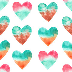 Seamless pattern with watercolor hearts on white background