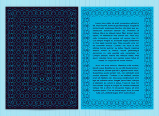 Vector template for restaurant menu, flyer, greeting card, brochure, book cover and any other decoration.Intricate pattern and frame in blue colors