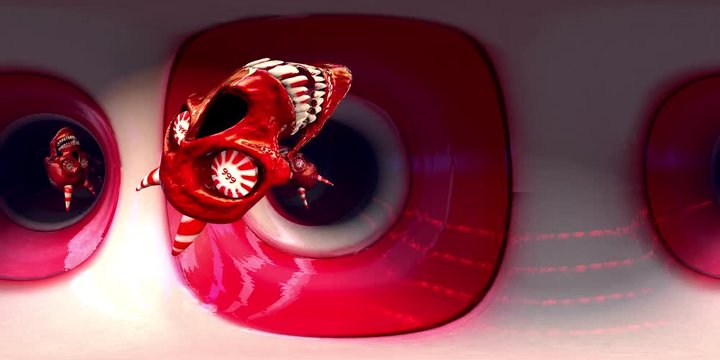 Candy skulls in a fantasy world. Seamless background for virtual reality. 360 degrees equirectangular computer generated video loop. Environment map.