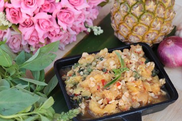 Pineapple curry with pork in pan delicious.