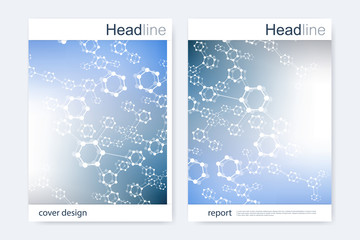 Scientific brochure design template. Vector flyer layout, Molecular structure with connected lines and dots. Scientific pattern atom DNA with elements for magazine, leaflet, cover, poster design