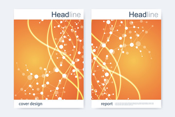 Naklejka premium Scientific brochure design template. Vector flyer layout, Molecular structure with connected lines and dots. Scientific pattern atom DNA with elements for magazine, leaflet, cover, poster design.
