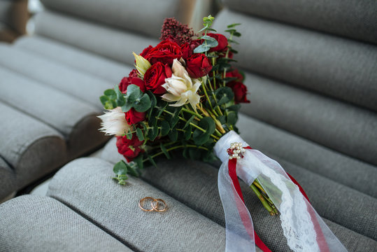 Red Wedding Bridal Bouquet And Wedding Rings