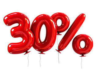 30% made of Red Helium Balloons. Discount Concept. 3d rendering isolated on white.