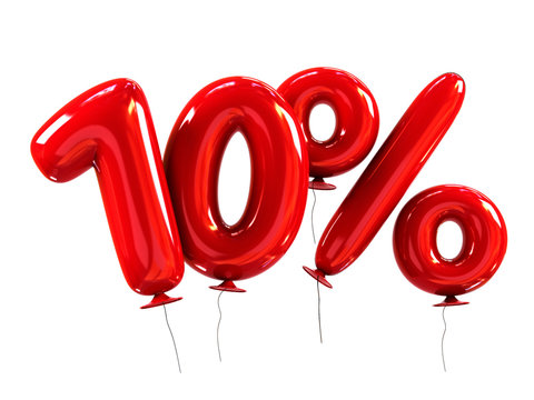 10% made of Red Helium Balloons. Discount Concept. 3d rendering isolated on white.