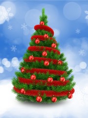 3d illustration of green Christmas tree over snow background with red tinsel and red balls