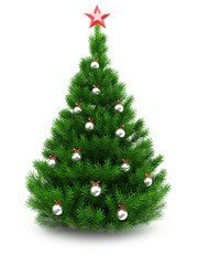 3d illustration of green Christmas tree over white background with red star and metallic balls