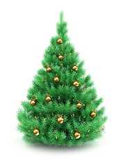 3d illustration of Christmas tree over white background with lights and golden balls