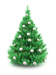 3d illustration of Christmas tree over white background with lights and silver balls