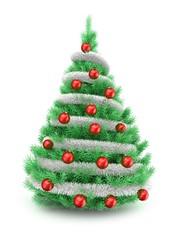3d illustration of Christmas tree over white background with tinslel and red balls
