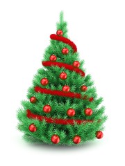 3d illustration of Christmas tree over white background with red tinsel and red balls