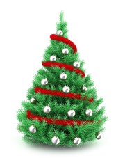 3d illustration of Christmas tree over white background with red tinsel and silver balls