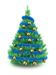3d illustration of Christmas tree over white background with blue tinslel and golden balls