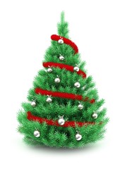 3d illustration of Christmas tree over white background with red tinsel and chrome balls