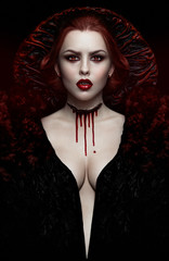 Sexy woman vampire in black dress with blood on neck - obrazy, fototapety, plakaty