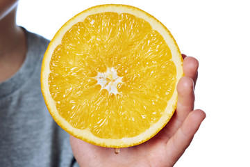 Cut juicy orange closeup in hand