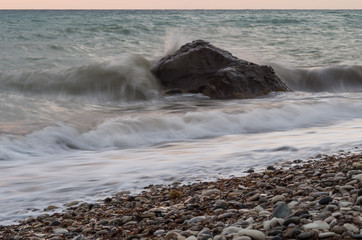Sea Wave Splashes on Rock beach, Cyprus, drop of water, DOF, Deep of Field