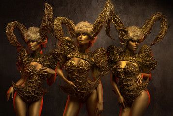 Beautiful devil women with golden ornamental horns on dark background