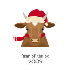 Vector cow head in new year, christmas red hat, scarf