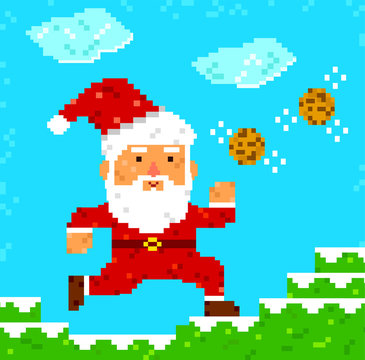 retro 8 bit pixel Santa Clause catching cookies