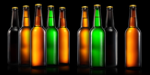 Set of beer bottles isolated on black background.