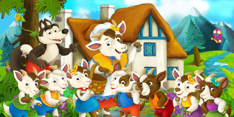 Cartoon scene with goat and wolf near village house - illustration for children
