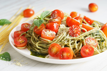 Pasta spaghetti with pesto sauce