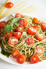 Pasta spaghetti with pesto sauce
