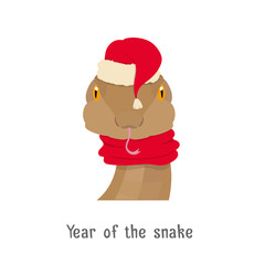 Vector snake head in new year, christmas red hat, scarf